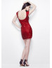Tutu Sheer Neckline Coral Beaded Tulle Knee Length Prom Dress